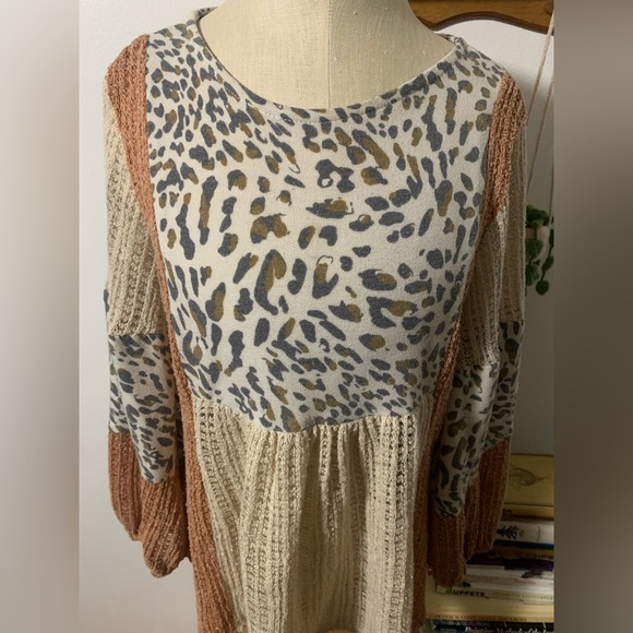 Ces Femme Pink and Gray Leopard Patchwork Boho Peasant Blouse - Picture 7 of 13